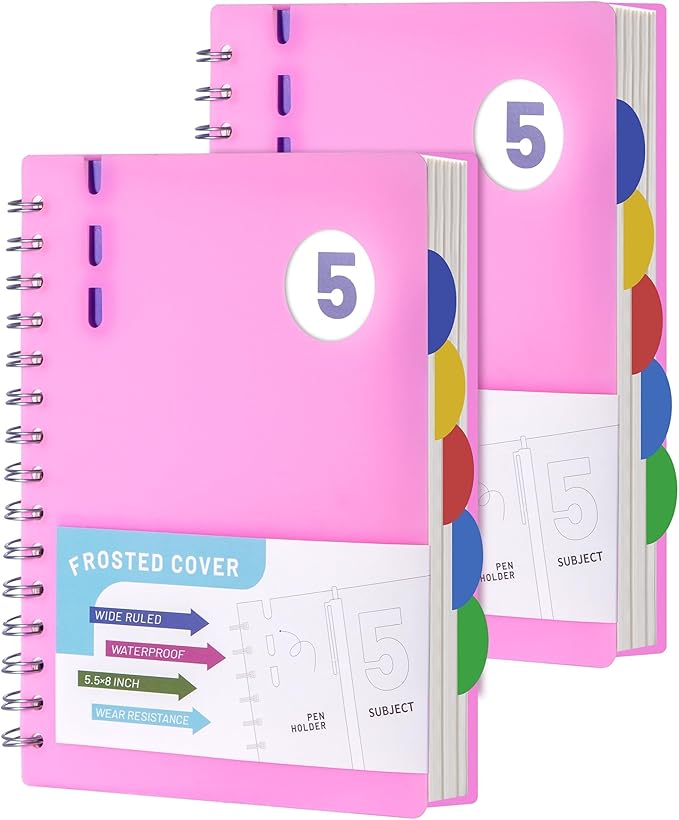FLYING EAGLE 2 Pcs 5 Subject Notebook Wide Ruled, Small Spiral Notebook 5x7 for Work, 408 Pages Lined Journal with Removable Dividers, Small Notebooks for Work,Pink