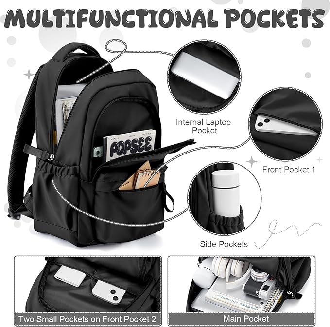 winspansy Small Backpack For School Girls Boys Aesthetic Lightweight Travel Daypack Simple Cute Backpack For Women Men College High School Bookbag Fit 14 Inch Laptop,Black