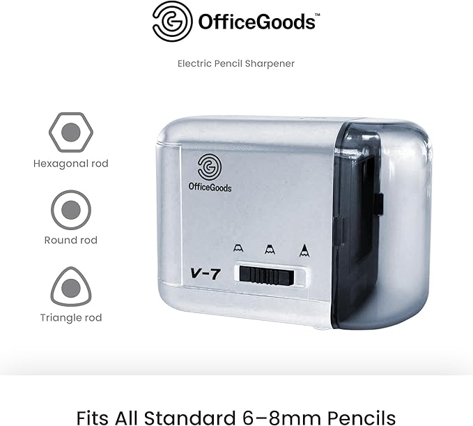 OfficeGoods Electric Pencil Sharpener - Battery or Cord Powered Portable Sharpener - Perfectly Sharpens Colored Pencils, Drafting Pencils for Kids, Adults, Office, School and Home - Silver