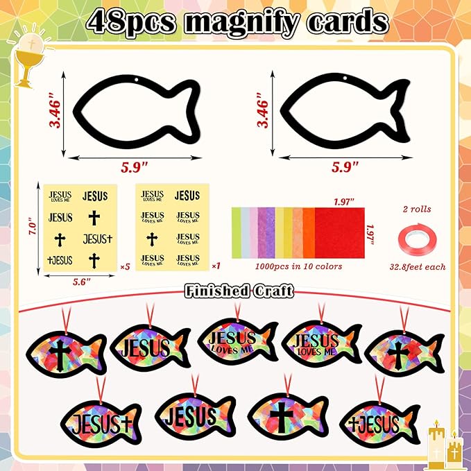 48PCS Sunday School VBS Crafts Bulk: Paper Jesus Fish Nativity Suncatchers, Religious Christian Activity DIY Kits Church Decorations, Window Stained Glass Effect Art Supplies