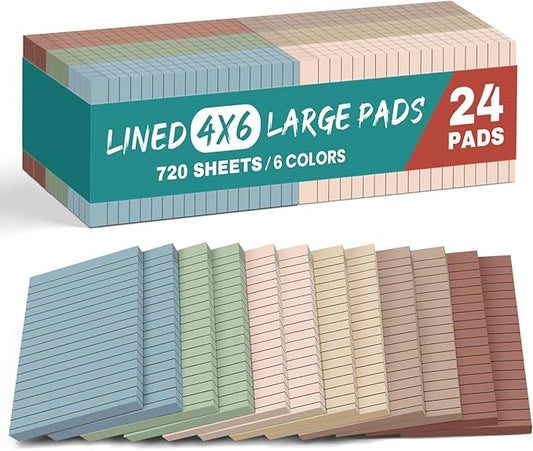 Lined Sticky Notes, 24 Pads, 4x6 Inches, Large Sticky Notes with Lines, Memo Note Pads in Multi Colors, 30 Sheets/Pad, Super Sticking Power for Office ＆ Home & Planning - Vintage