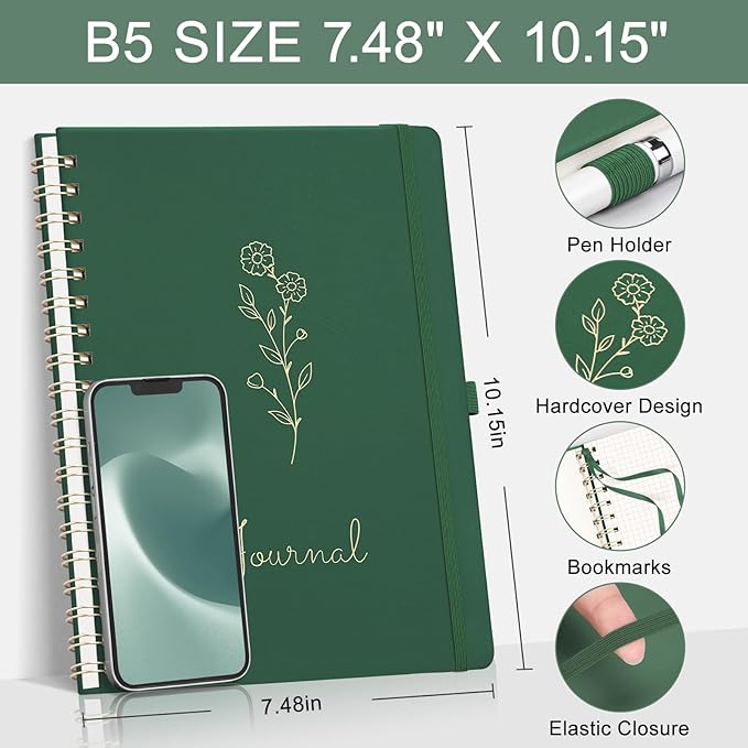 EMSHOI Graph Notebook Spiral Notebook, 140 Pages, B5 Large 7.48"x10.15", 100 GSM Thick Paper, PU Leather Hardcover, 5mm Grid Notebook for Work School Math Engineering Writing Graphing, Dark Green