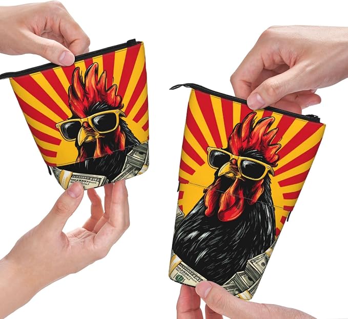 Funny Rooster Kids Standing Pencil Case Girls Boys Telescopic Stationary Pouch with Zipper Large Capacity Stand up Pen Bag Portable Makeup Holder for Children School Students Office Supplies