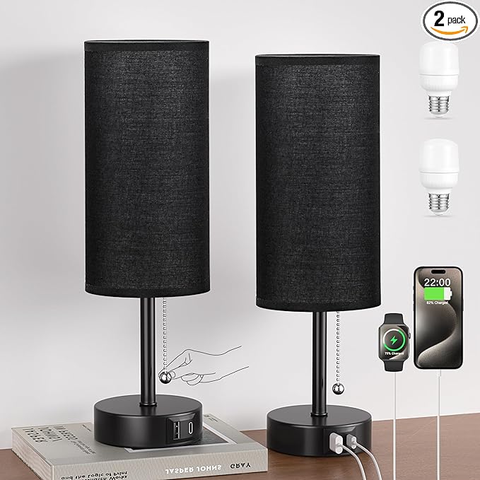 PartageiZ Black Bedside Lamps for Bedroom Set of 2 - Nightstand Table Lamp with USB Charging Port, Pull Chain Night Stand Light, Side Table Desk Reading Lamp for Living Room/Dorm/Bathroom/Kitchen