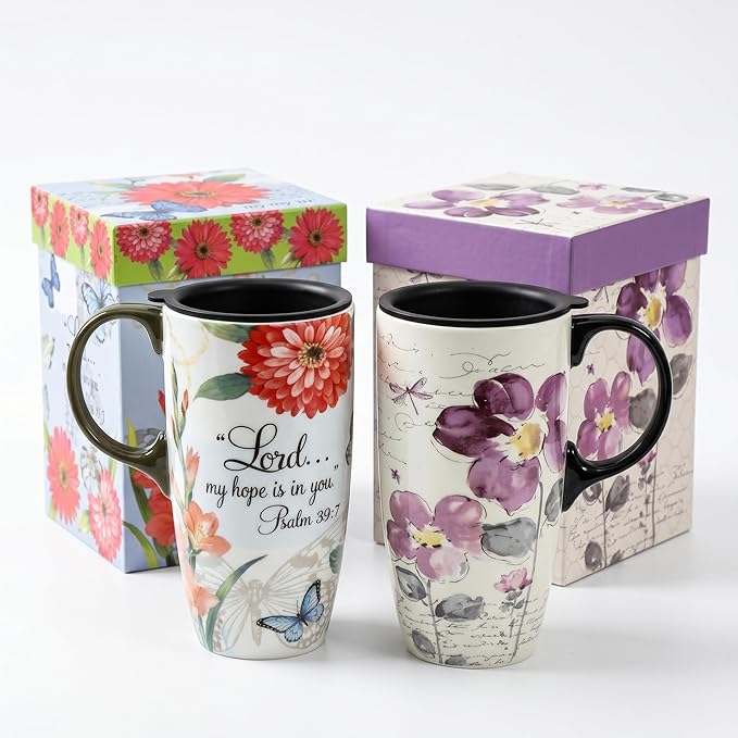 Topadorn 2-Pack 17oz Ceramic Travel Coffee Mugs with Lids, Floral Psalm Design, Microwave & Dishwasher Safe, Gift Set for Women and Men