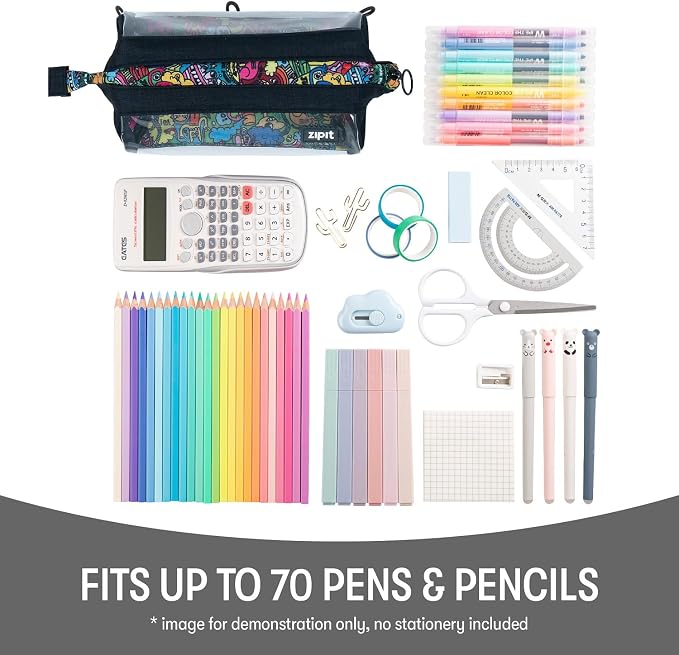 ZIPIT Lenny Clear Pencil Case, Wide-Opening Zipper Pouch for Girls and Boys | Aesthetic pouch for school, machine washable, colorful lining, holds 55 pens & pencils, doubles as a makeup case for travel