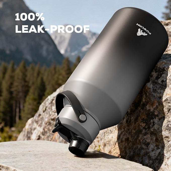 POWCAN 64 oz Insulated Water Bottle with 2-in-1 Straw and Spout Lid, Keep Cold 48H, Leakproof, Carrier Bag, Stainless Steel Sport Water Bottle for Men, Fitness, Outdoors, Gym and Travel (Obsidian)
