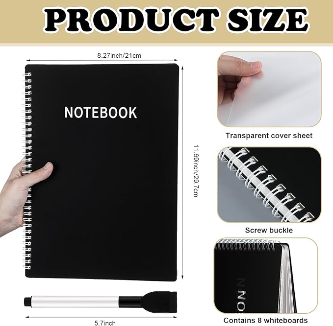 Feifeiya White Board Dry Erase Notebook A4 Size White Board Dry Erase Environmentally Portable Reusable Notebook for Study, Meeting, Planning, Black