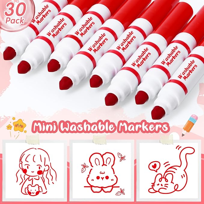 30 Pcs Mini Washable Markers Bulk Broad Line Conical Tip Washable Mark Pen Set Short Coloring Paint Pen for Kid Art Projects Teacher Student Toddler Party Favors Classroom, Ages 6+(Red)