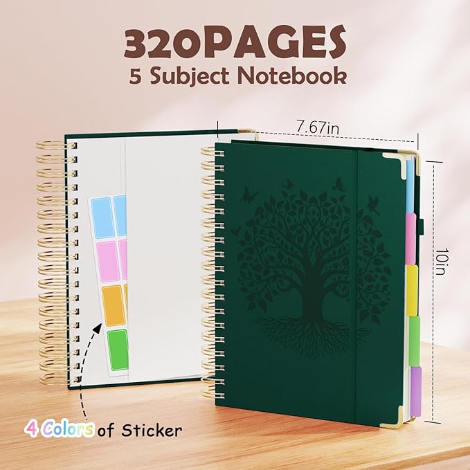 Hardcover Spiral Notebook, B5 Journal with Removable Dividers Tabs, 5 Subject Notebook College Ruled, 320 Pages 8"x10" Leather Notebooks for Work School Study, Lined Journal for Women, Dark Green