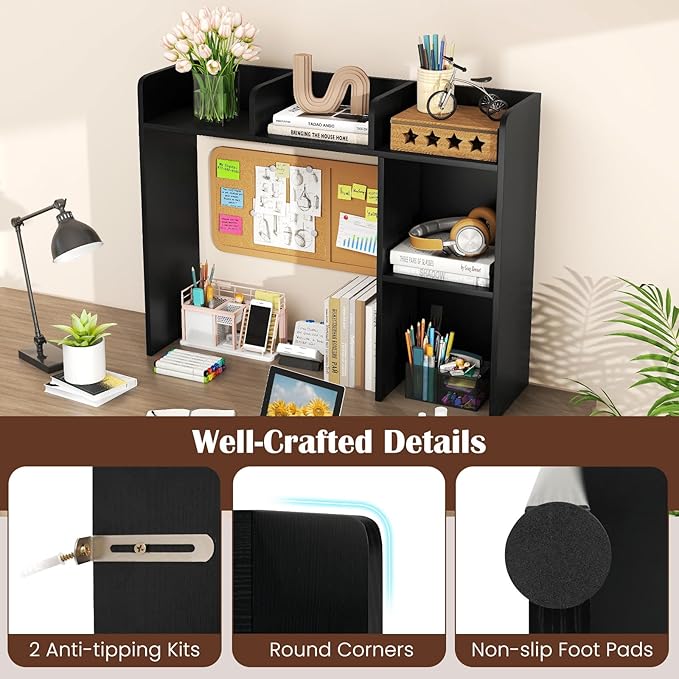 Giantex Desktop Bookshelf, Wood Desk Hutch Organizer for 27 Inch Computer Monitor, Countertop Storage Display Rack with 5 Shelves, Multipurpose Desktop Shelf Bookcase for Dorm Office Home, Black