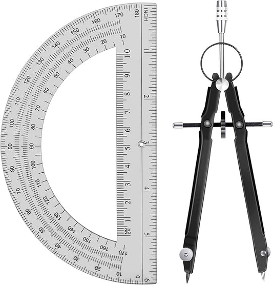 EBOOT Student Geometry Math Set, Metal Drawing Compass and 6 Inch Clear Swing Arm Protractors 180 Degree Math Protractor(Black and Black)