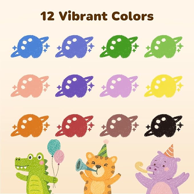 JUPITEARTH 12 Colors Crayons for Kids Ages 4-8 with Coloring Book & Bonus Stickers, Non-Toxic & Washable Triangle Crayons for Toddlers 1-3, Fat Brain Toys for Art Supplies and Ideal for Kids