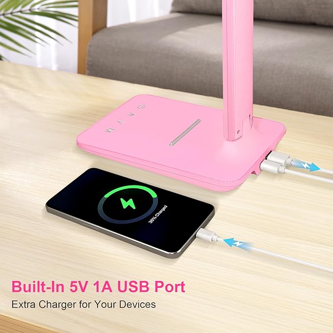 shinelife LED Desk Lamp for Office Home, Bright Desk Light with USB Charging Port, Adjustable Dimmable Desk Lamps 5 Modes 5 Brightness, Touch Study Lamp for Nail, Craft, Puzzle, Sewing, Study, Pink