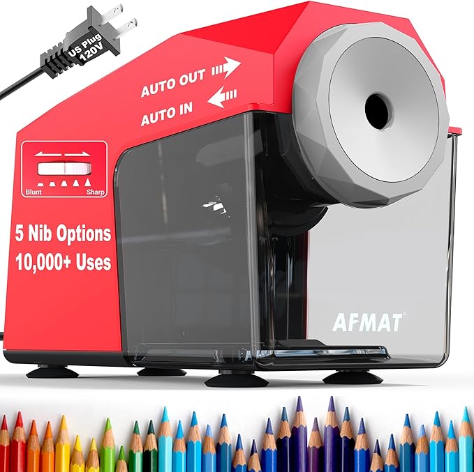 AFMAT Electric Pencil Sharpener, Fast & Hands-Free, 10K+ Uses, 5 Nibs, Fully Automatic Pencil Sharpener for Classroom, Heavy Duty Sharpeners for No.2/Jumbo/Colored Pencils (φ6.5-10.5mm) US Plug(120V)