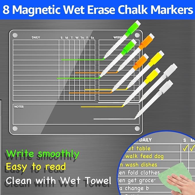 PigPotParty Acrylic Magnetic Chore Chart for Adults, 12x9.5 Inch Clear Dry Erase Chore Board for Fridge, Daily Weekly and Notes Sections, Pre-Installed Embedded Magnets, 8 Fine-tip Markers and Towel