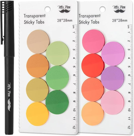 Mr. Pen- Round Transparent Sticky Notes, 1.1” Diameter, 14 Pads, 560 Sheets, Colorful, Water-Resistant See-Through Sticky Notes & Fineliner, Smooth Writing, Note Tabs for Bible Journaling, Studying
