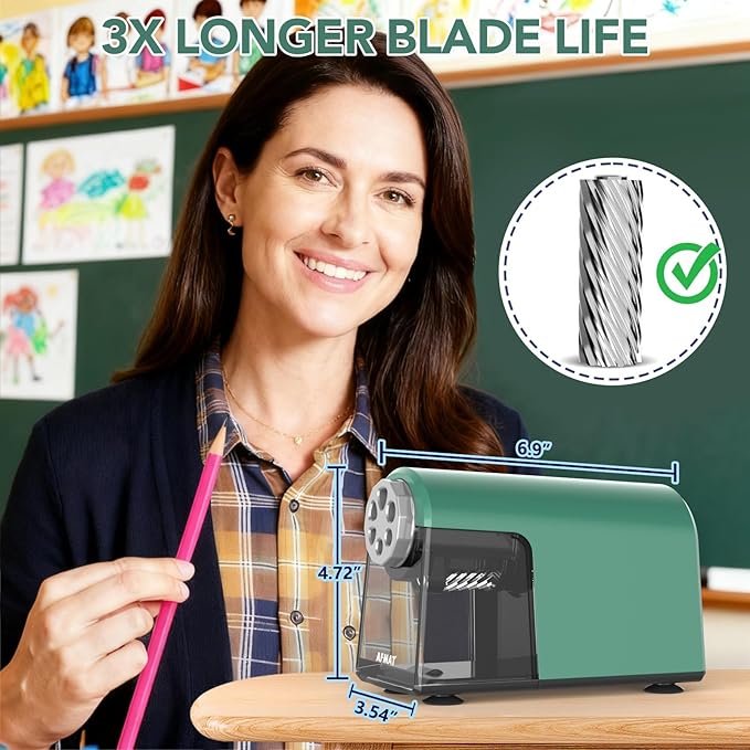 AFMAT Electric Pencil Sharpener for Classroom, 6 Holes, Cordless & Rechargeable, Fast Sharpen, Auto Stop, 10K+ Uses, Heavy Duty Pencil Sharpener for 6-11mm No.2/Large/Colored Pencils PSD2(Green)