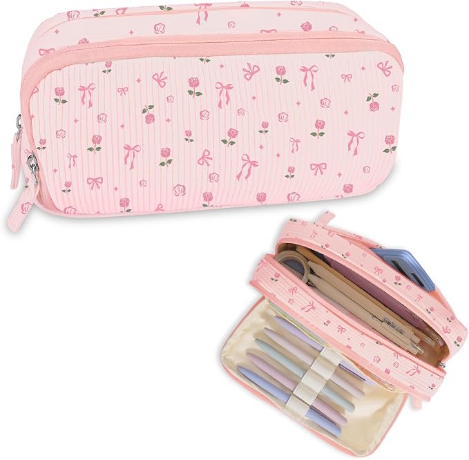 FINPAC Pencil Case, Corduroy Triangle Makeup Bag, Kawaii Pen Bag Pouch Holder Box Organize for Study, Office, or Travel (Pink Rose Bow 2)