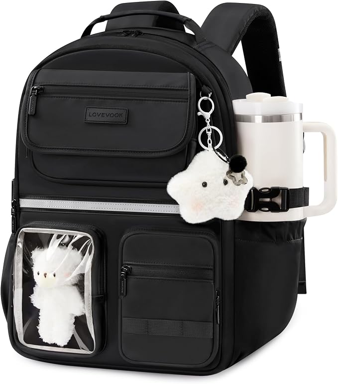 LOVEVOOK School Backpack for Girls, Cute Bookbag for Teen 8-16, DIY Friendly 15.6" Laptop Backpack for Middle High College Student Back to School, Bag with Water Bottle Pocket for Travel,Black