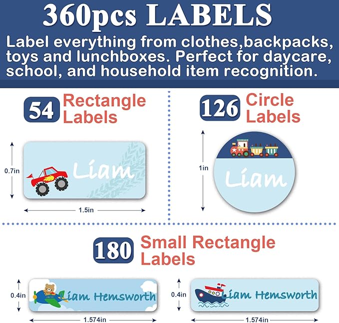 Daycare Name Labels for Kids, 360pcs Waterproof & Removable Name Stickers for Water Bottles, Lunch Boxes and School Daycare Name Tag (Truck)