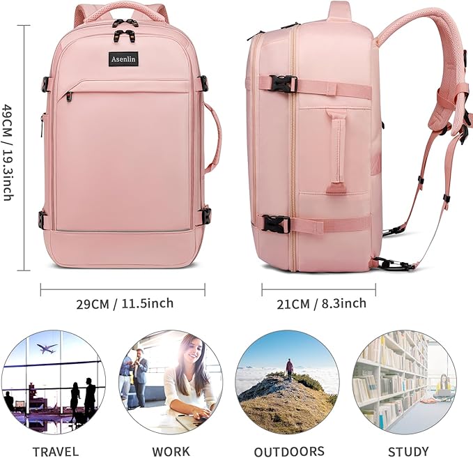 Asenlin Travel Backpack for Women Men,Flight Approved Carry On Luggage 40L Water Resistant Business Laptop Backpacks Fits TSA 17.3 Inch Computer College Weekender Outdoor Hiking-Pink