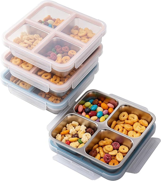 4 Pack Stainless Steel Snack Boxes, Leak-Proof, 4 Compartments, 24 Oz | Reusable, Easy Open, Food Storage & Meal Prep Containers, Dishwasher Safe, for Office, Travel, On-the-Go Snacking
