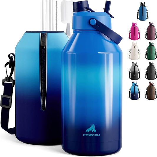 POWCAN 64 oz Insulated Water Bottle with 2-in-1 Straw and Spout Lid, Leakproof, Carrier Bag, Cleaning Brush, BPA-Free, Metal Water Bottle with Handle for Outdoors, Sport, Gym and Hiking (Shoreline)