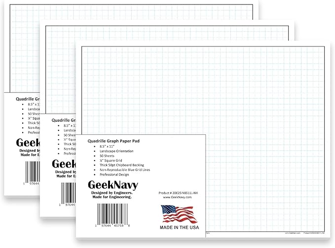 GeekNavy 8.5" x 11" Quadrille Graph Paper 50 Sheets Landscape - 0.25" 4x4 Square Grid, Blueprint, High Brightness, Border-Outlined, Drafting (3-Pack)
