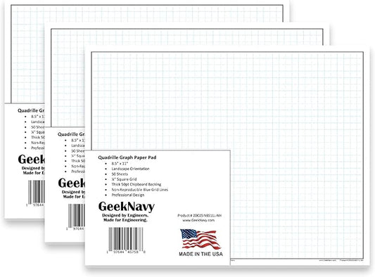GeekNavy 8.5" x 11" Quadrille Graph Paper 50 Sheets Landscape - 0.25" 4x4 Square Grid, Blueprint, High Brightness, Border-Outlined, Drafting (3-Pack)
