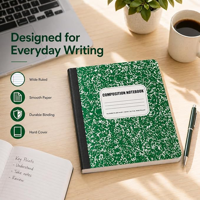 CLEENTABLE Composition Notebook 5 Pack, Wide Ruled Paper, Marble Cover Notebooks for School, 9.75 x 7.5 Inches, 100 Sheets (200 Pages), Sewn Binding Comp Books, Green