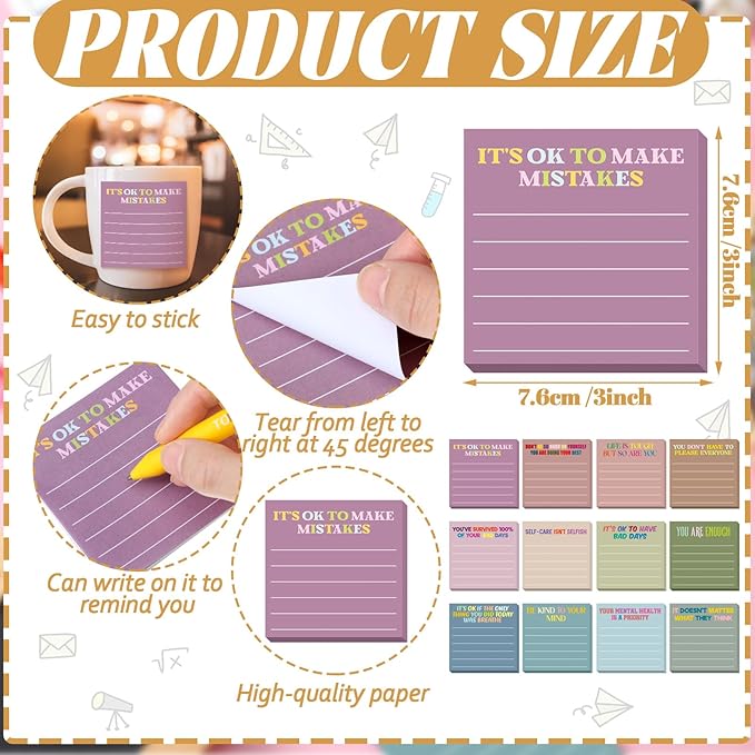 Yinder 24 Pcs Inspirational Sticky Notes Cute Motivational Sticky Notes Pad End of Year Employee Appreciation Gifts Bulk for Teacher Nurse Coworkers Office Supplies 3 x 3'' (Health,Morandi Color)