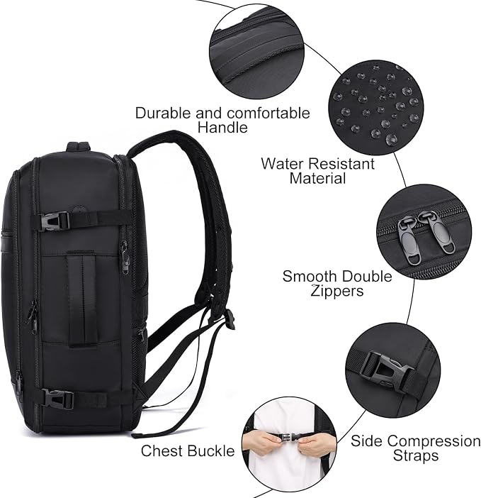 Large Travel Backpack for Men,Airplane Approved Carry On Backpack Suitcase with Shoe Pouch, Luggage Bag TSA 17.3inch Laptop Mochila Flight Approved Casual Daypack Bookbag Travel Essentials,Black
