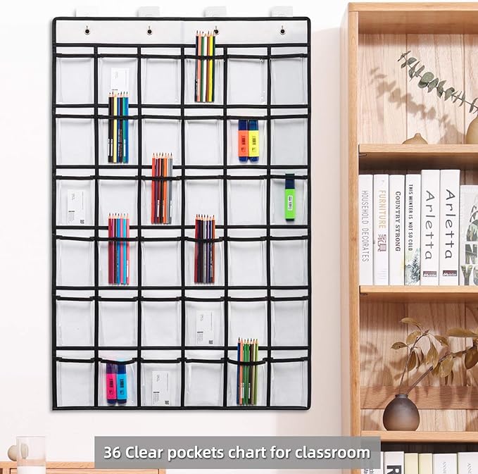 SAVERHO 36 Clear Pockets Classroom Pocket Chart for Cell Phones, Pocket Chart for Calculator Phone Holder with 36 Number Stickers and Hooks (White)