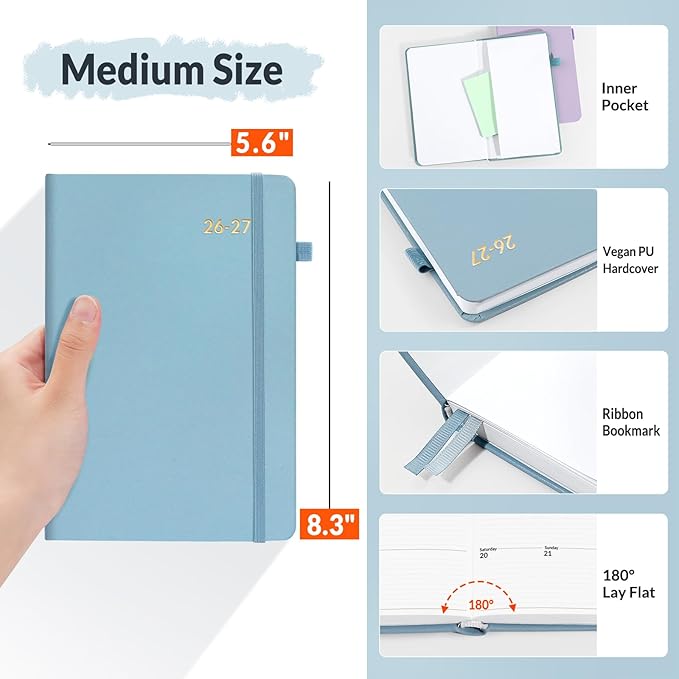 SUNEE 2026-2027 Weekly & Monthly Hardcover Planner 5.5" x 8.3" - 12 Month (July 2026 - June 2027), Small Academic Year Calendar Planner, Pocket, Notes, 100 GSM Paper, Sage Blue