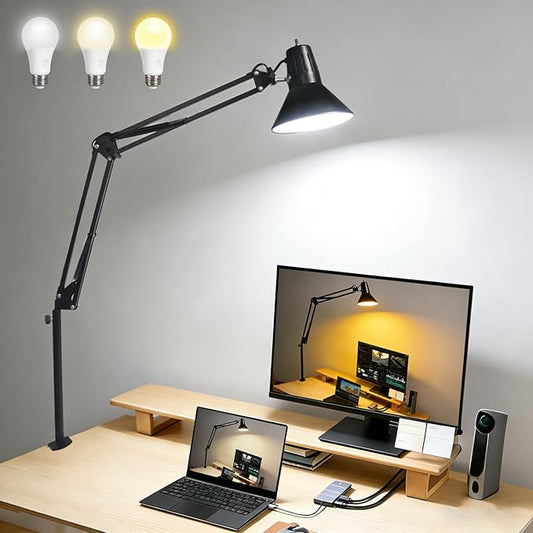 LED Desk Lamp Dimmable with Clamp, Eye-Caring Clip on Lights for Home Office, 3 Adjustable Color Temperature,Extra Tall Metal Swing Arm, High Intensity Clamp w/A19 E26 Bulb for Working Reading