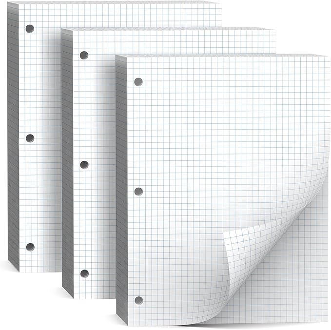 390 Sheets Quad Ruled Graph Paper, 3 Hole Punch Paper 8 x 10.5 White, Loose Leaf Graph Paper,Filler Paper 4 x 4 Graph Rule, Notebook Paper for 3 Ring Binder, Engineering Paper for School Home Business