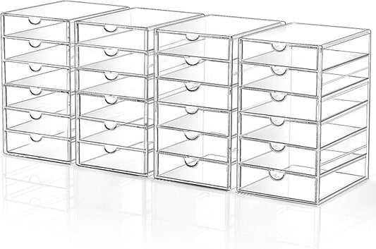 Makeup Drawer Storage Organizer with 24 Drawers, 4 Set Acrylic Office Desk Organization and Storage, Dustproof Drawer Organizer for Makeup, Office, Countertop, Jewelry, Pen, Desktop, Bathroom, Bedroom