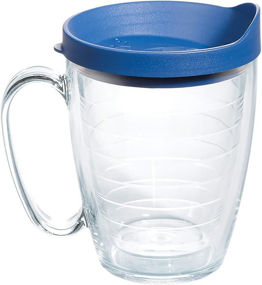 Tervis Clear & Colorful Lidded Made in USA Double Walled Insulated Tumbler Travel Cup Keeps Drinks Cold & Hot, 16oz Mug, Blue Lid