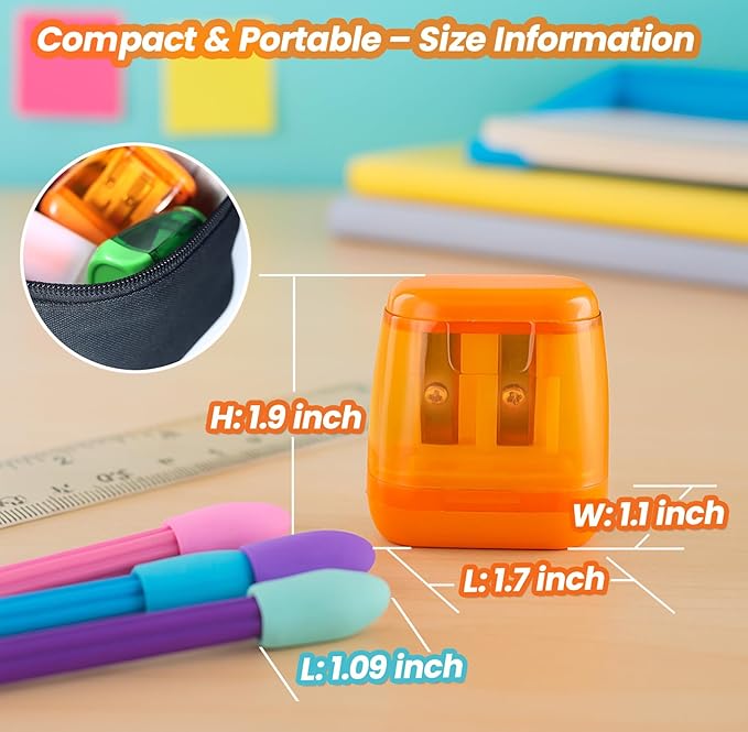 Pencil Sharpener Set (8 Pcs) – 4 Dual Hole Manual Sharpeners + 4 Pencil Top Erasers, Portable Pencil Sharpeners for Kids, Students & Teens, Colored & Jumbo Pencils, School & Classroom