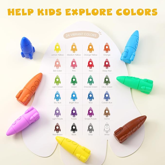JUPITEARTH 24 Colors Crayons for Toddlers, Non-Toxic Washable Rocket Crayons, Easy-to-Hold Coloring Gifts & Mess-Free Art Supplies for Little Hands