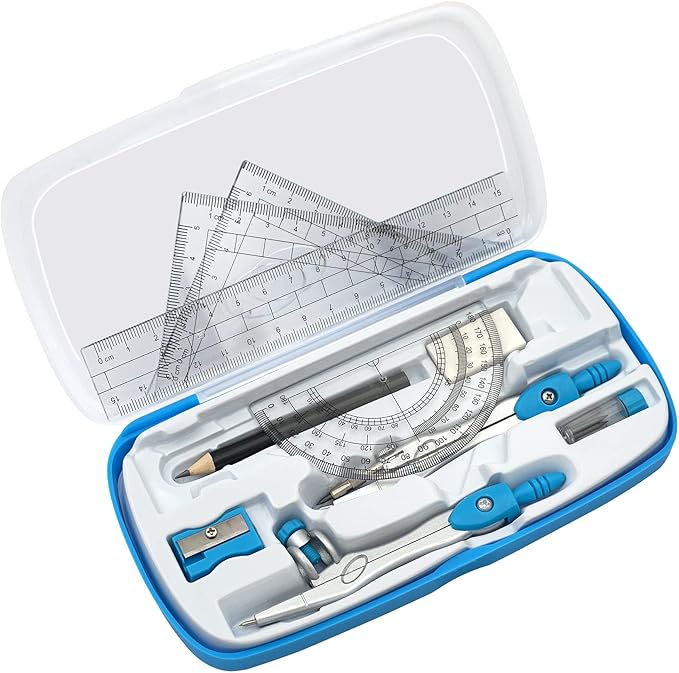 Akuoly Math Compasses Back-to-School Starter Geometry Kit with 2 Drafting Compasses Protractor Set Squares Ruler and More for Students Maths Study Homework, Blue Set with Carry Case