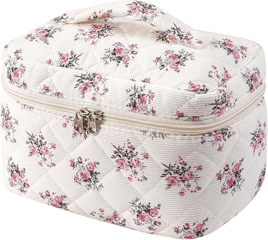 uekeboag Large Travel Quilted Makeup Bag for Women | Soft Floral Cotton Cosmetic Bag, Foldable Coquette Aesthetic Toiletry Organizer