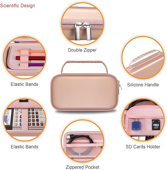 Elonbo Carrying Case for Texas Instruments TI-84 Evo/TI-84 Plus CE Evo Graphing Calculator, Extra Mesh Pocket Fits Charging Cable Charger Manual, Rose Gold