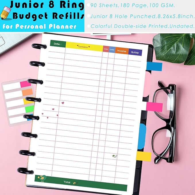 Rancco Junior Budget Planner Refills, 180 Pages 8 Rings Punched Half Letter Financial Paper Inserts w/Index Tabs, Index Dividers, Loose-Leaf Bag, Ruler For Circa, Arc, TUL, Happy Planner, 5.5x8.5"