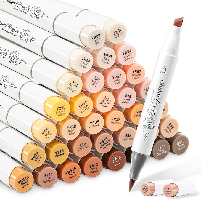 Ohuhu Skin Tone Alcohol Markers Brush Tip - 36 Portrait Skin Color Markers for Artist Adults Coloring Illustration - Chisel and Brush Dual Tips - Honolulu - Refillable - AP Certificated