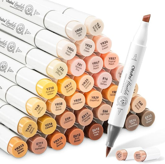 Ohuhu Skin Tone Alcohol Markers Brush Tip - 36 Portrait Skin Color Markers for Artist Adults Coloring Illustration - Chisel and Brush Dual Tips - Honolulu - Refillable - AP Certificated