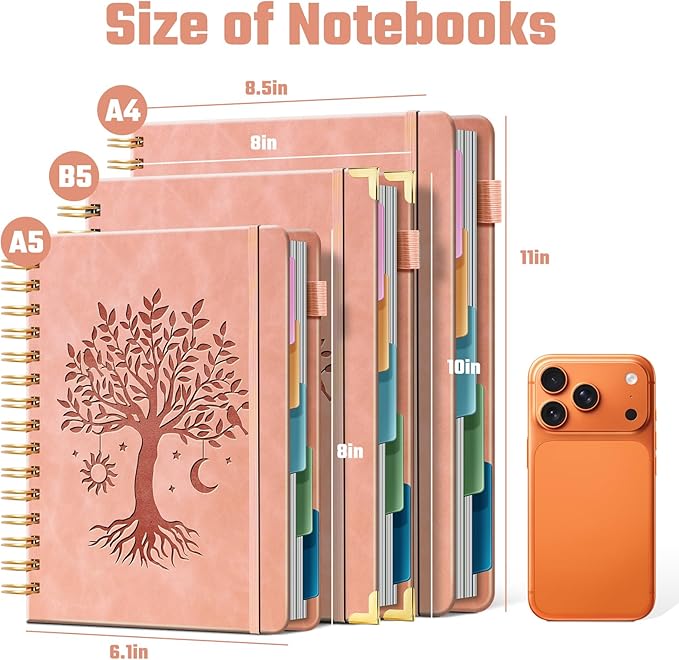 Ovesmusl Hardcover Spiral Notebook 8" x 10" with 5 Removable Dividers 300 Pages Leather 5 Subject Notebook College Ruled 100GSM Large Spiral Notebooks for Work Thick Lined Journal for Women, Pink