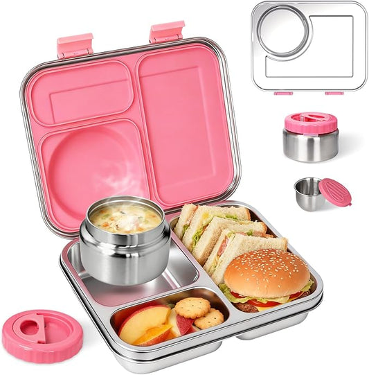 Stainless Steel Bento Lunch Box-8+ Older Kids，Teens ＆ Adult with Insulated Food Jar,Leakproof 3-Compartment,BPA-Free, Eco-Friendly,Dishwasher Safe, Large-Capacity Box, School,Office,Travel （Pink)