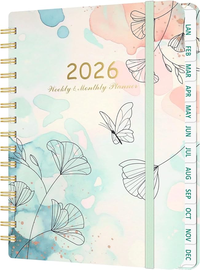2026 Weekly and Monthly Planner - 2026 Hardcover Calendar Planner, Jan. 2026 - Dec. 2026, Daily Agenda Book with Tabs, Twin-Wire Binding, Back Pocket, School Teacher Student Supplies, A5(6.3" x 8.5") (Butterfly)